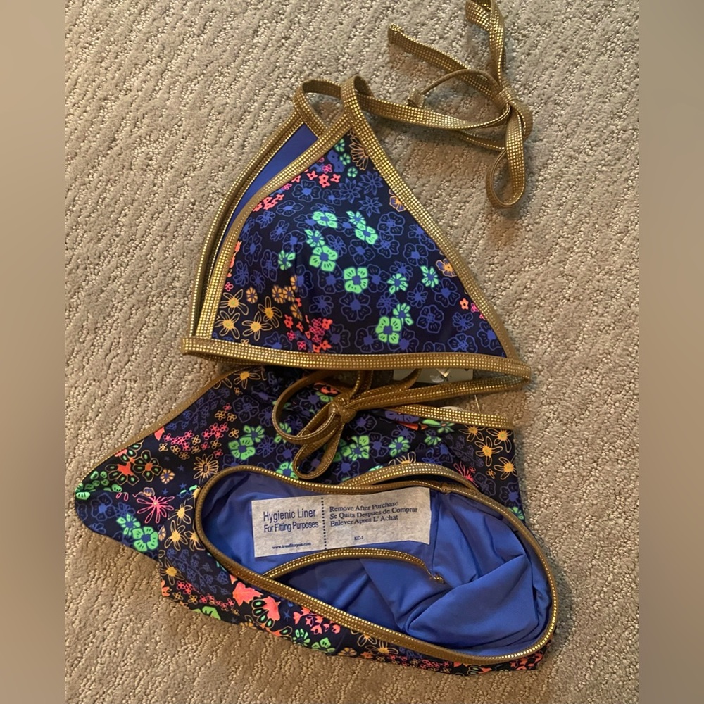 NWT! AERIE FLORAL GOLD/COPPER TRIM HALTER TIE BIKINI SET - Picture 3 of 3